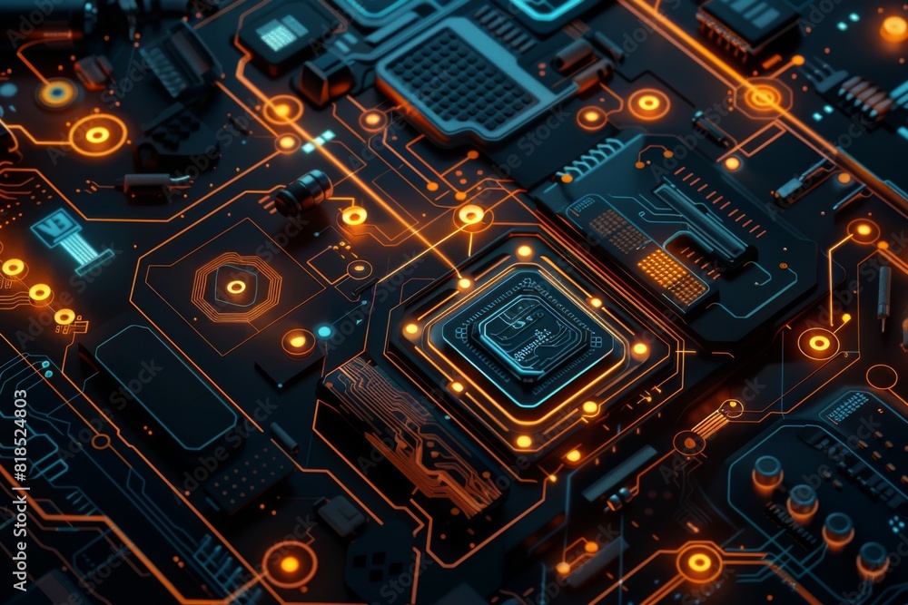 Poster a high-tech circuit board design with glowing elements