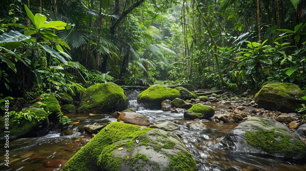 Wall mural serene forest stream winding through mossy rocks lush jungle setting isolated on white