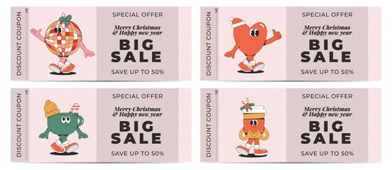 Merry Christmas and Happy New year big sale discount coupon set. Playful and cheeky character in trendy groovy style. Retro elements and shapes. Vector illustration