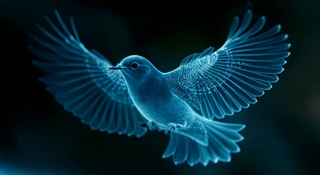 Behold a small bluebird in flight, The bird soars amidst a dark indigo sky, framed within a wireframe structure