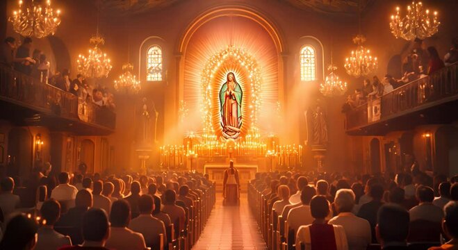 Experience the fervent prayers of a congregation Bathed in the glow of faith, they raise their voices to the Virgen de Guadalupe, creating a stirring and powerful visual