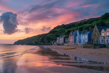 A quiet seaside village with a sandy beach and the sun setting behind the hills, painting the sky in pastel hues