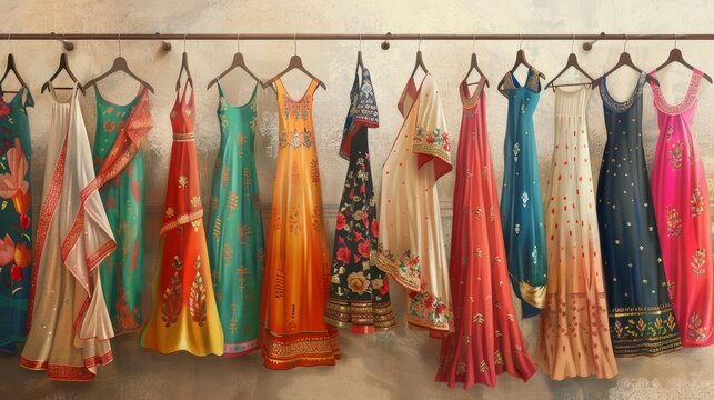 vibrant indian womens fashion dresses showcased on hangers in retail shop concept illustration