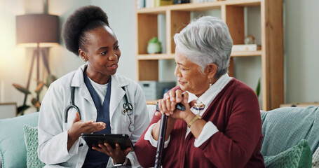 Senior, woman and doctor with tablet or consulting with expert advice, explaining medical report or...