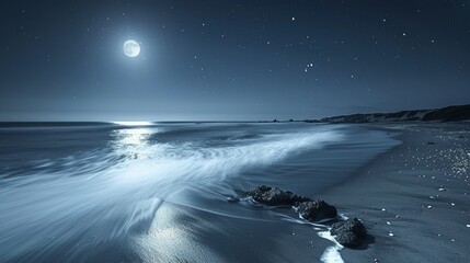 moonlit beach, tranquil waves, long exposure , high resolution