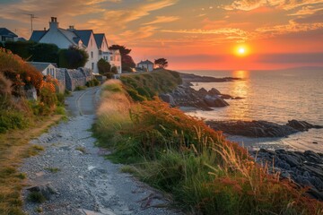 A scenic view of a seaside village with a coastal path and the sun setting in a blaze of orange and...