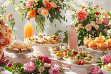 A spring-themed wedding buffet with fresh, vibrant dishes, pastel decorations, and blooming flowers