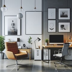 A Room with a mockup poster empty white and with a computer desk in office chair and a chair and a picture on the wall realistic design card meaning art.