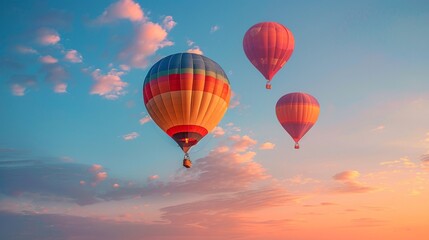 Naklejka premium colorful hot air balloons at sunrise, clear sky , vibrant color