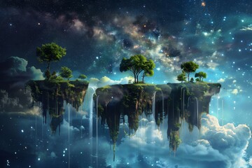 A surreal landscape with floating islands and waterfalls under a starry sky
