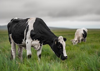 Black and white cow peacefully grazing in a field.