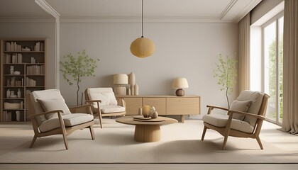 Bright modern living room interior in neutral colors with armchairs, floor lamp, rug and coffee table, chest of drawers with home decor, wide empty wall, 3d render