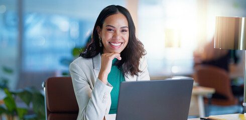 Portrait, smile and businesswoman with laptop, confidence and consulting business for online...