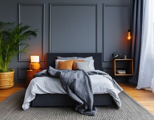 modern bedroom interior in gray tones, bedroom mock up, 3d rendering