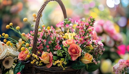 A beautiful bouquet of colorful flowers in a wicker basket. Perfect for any occasion!