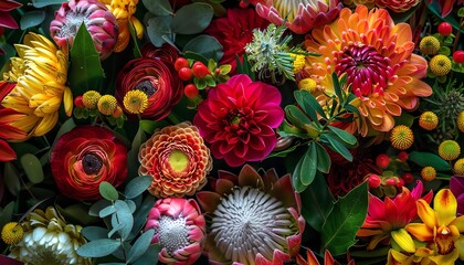 Colorful flowers of different varieties arranged together forming a beautiful bouquet.