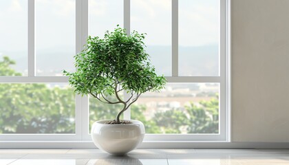 Potted plant on white table near window