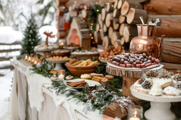 A winter wedding buffet with hearty dishes, hot cocoa bar, and winter-themed decorations