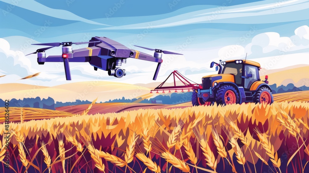 Poster agricultural on modern farms utilize smart drones for precise aerial applications, boosting crop pro