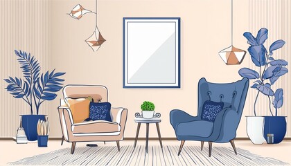 poster picture blank frame in modern home interior, beige tones, modern design armchair and furniture, 3d render