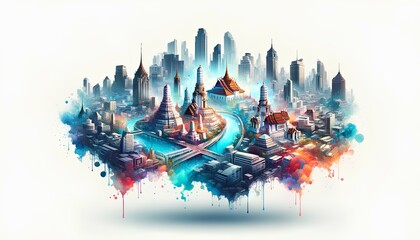  the images of the hologram depicting a watercolor painting of Bangkok landmarks, Thailand, floating in mid-air to create a fluid and artistic display.