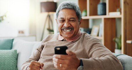 Senior, happy man and winning with phone for online bingo, prize or lottery in financial freedom or...