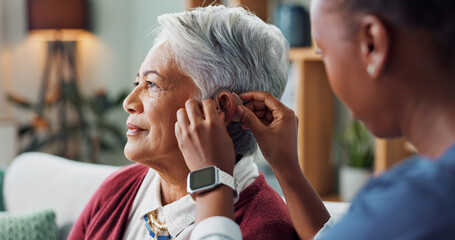 Nurse, woman and hearing aid on ear for medical support, wellness and innovation of disability....