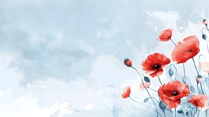 Vibrant Watercolor Poppies on Minimalist Blue Sky Background