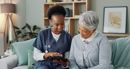 Senior, woman and caregiver with tablet or discussion in nursing home for patient test results or...