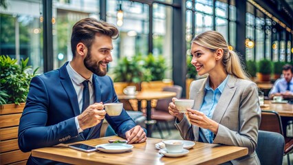 Casual Business Discussion: Two young business professionals discussing strategies over coffee in a relaxed, modern café setting, embodying informal business meetings.
