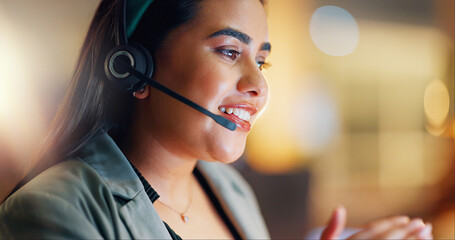 Happy woman, call center and communication at night in office for customer service, CRM advisory...