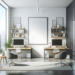 A Room with a mockup poster empty white and with two computers and a large window realistic attractive has illustrative image has illustrative.