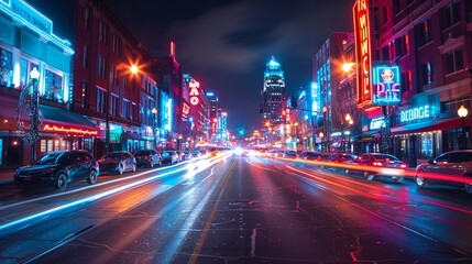 Fototapeta na wymiar downtown at night, illuminated streets, urban buzz , Ideogram
