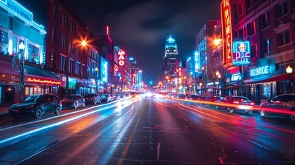 Fototapeta premium downtown at night, illuminated streets, urban buzz , Ideogram