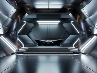The image shows a futuristic spaceship interior with a large window looking out into space.