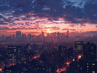 Fototapeta premium panoramic rooftop view, city lights, dusk , Ideogram