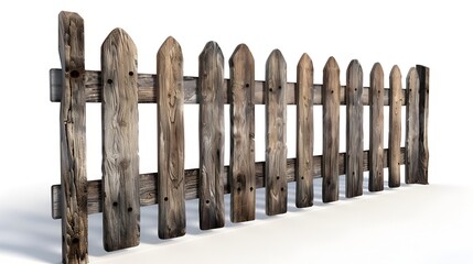 Rustic Weathered Wooden Fence on Bright White Background,Detailed Landscape Design