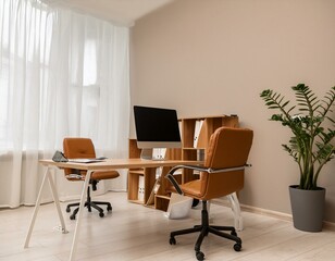 Stylish office interior with workplace, pc computer and window. Mock up wall