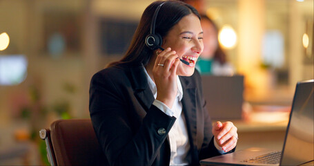 Woman, headphone and mic with laptop on call as contact center, agent or sales representative in...