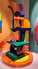 Colorful abstract sculpture made of geometric shapes in primary colors on a round platform.