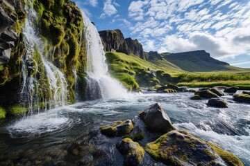 Obraz premium Scenic view of frozen waterfall in Iceland during winter, A serenely beautiful waterfall, AI-generated