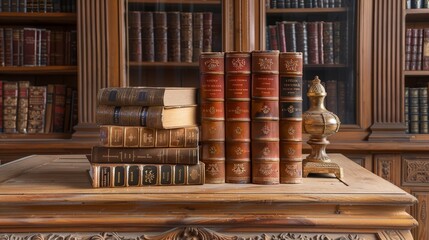 A collection of old books on a wooden table in a library.