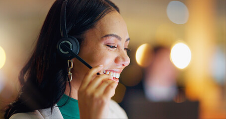 Female person, headphones and microphone with smile on call as contact center, agent or sales...