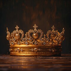 Golden crown with sparkling flames, placed on an old wooden table, surrounded by darkness and sparks of firelight. Dark and cinematic setting, dramatic effects of crown power.