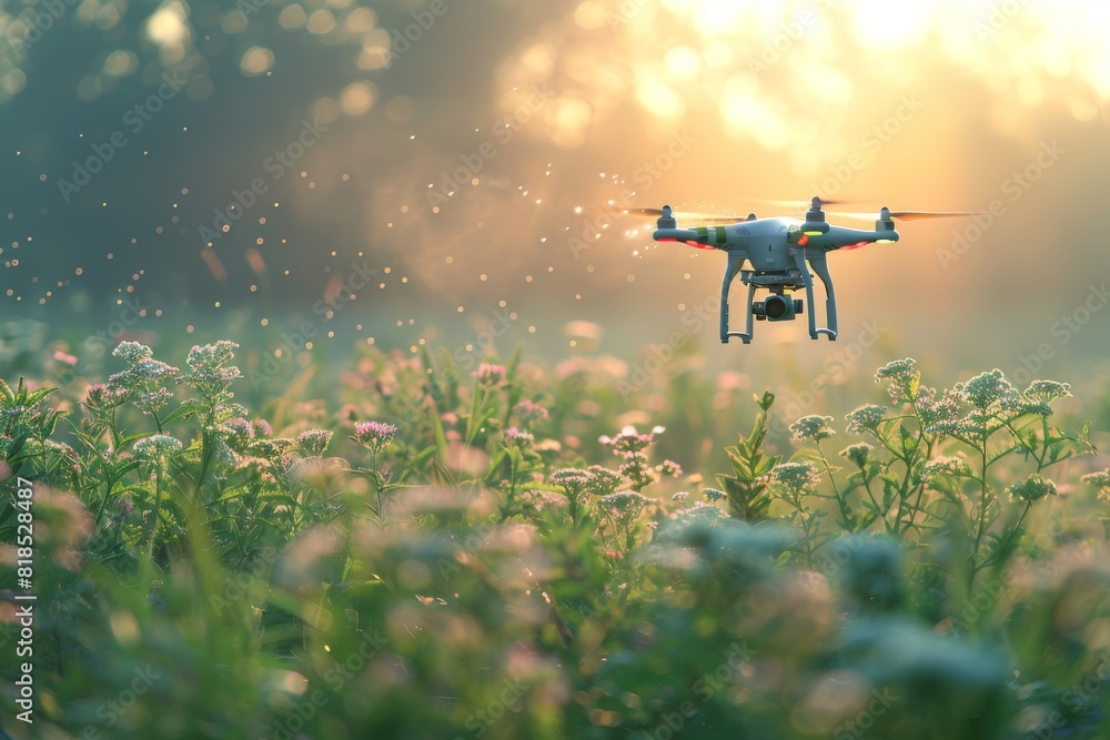 Poster in the field of agritech, drones with remote sensing capabilities revolutionize pesticide applicatio