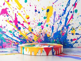 Abstract colorful paint splash background with a white round platform.