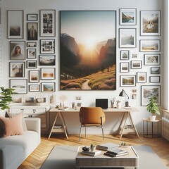 A Room with a mockup poster empty white and with a couch and pictures on the wall realistic card design attractive used for printing realistic.