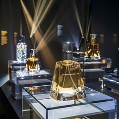 The image shows a variety of perfume bottles on display. The bottles are lit by spotlights, which create a sense of luxury and glamour.
