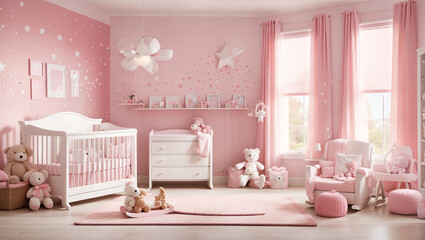 A pink and white nursery with a crib, rocking chair, and lots of stuffed animals.

