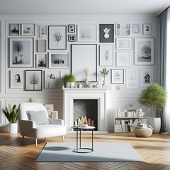 A Room with a mockup poster empty white and with a fireplace and a chair realistic image meaning illustration.